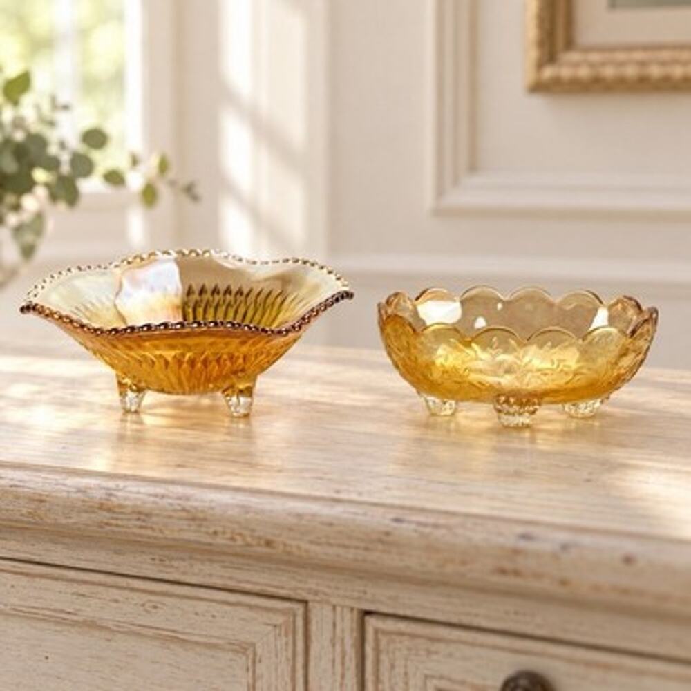 Vintage Iridescent Amber Glass Footed Bowls Set of 2 Mismatched